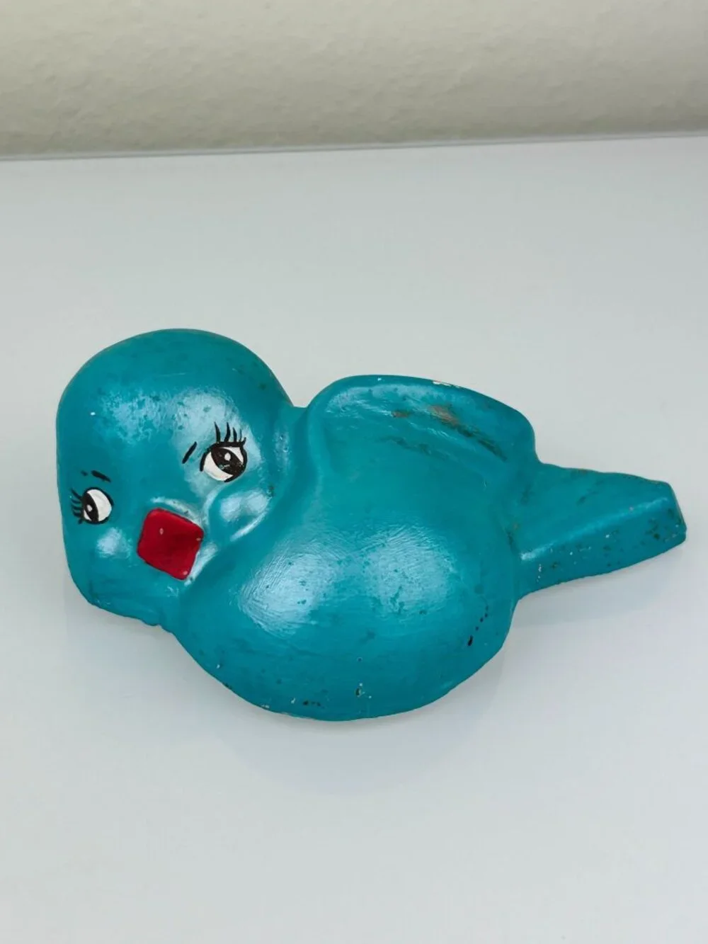 Vintage MCM Teal Chalkware Birds Wall Art Hanging Blue Eyelashes Red Lips Kitsch